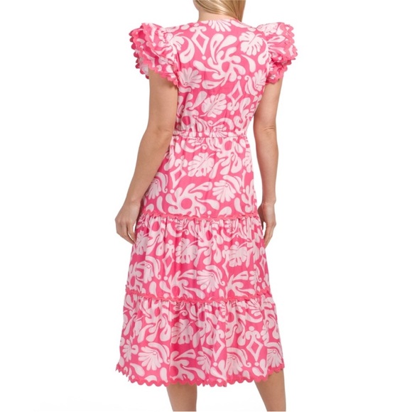Sail to Sable Pink and White Ric Rac Tiered Ruffle Sleeve Midi Dress L - Picture 4 of 9